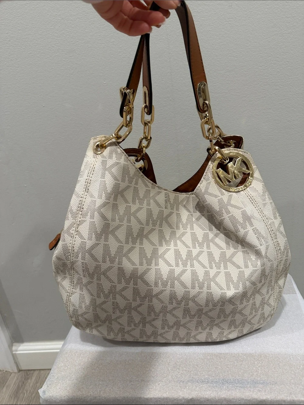 Michael Kors Cream MK Logo Hobo with Gold Hardware and Tan Handles